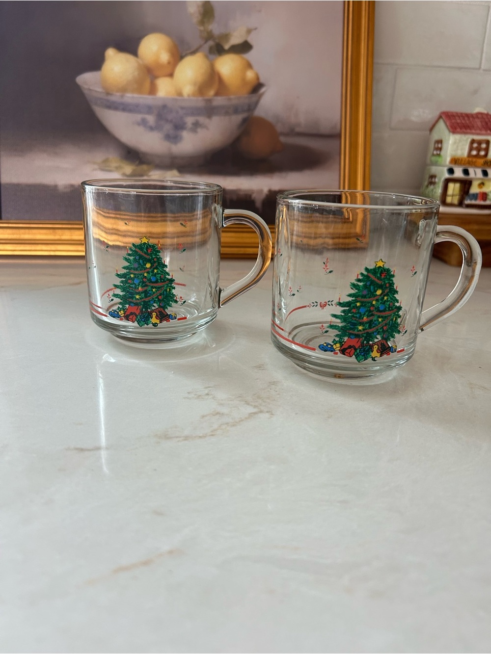 Vintage Set of 2 Christmas Tree Clear Glass Mugs Made in Canada 8 Oz